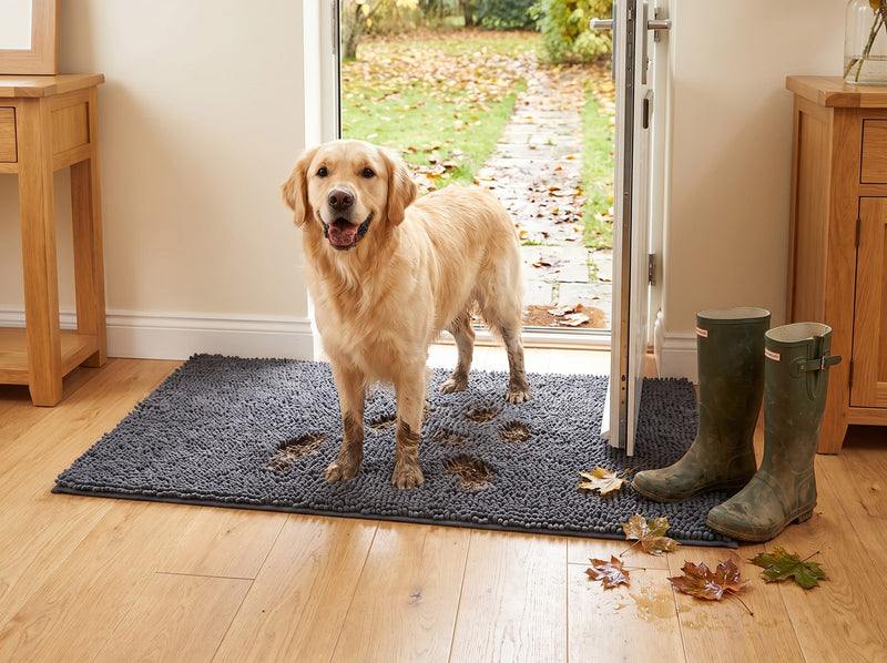 Golden retriever med mudrede poter på dørmåtten ved døren, gummistøvler og efterårsblade