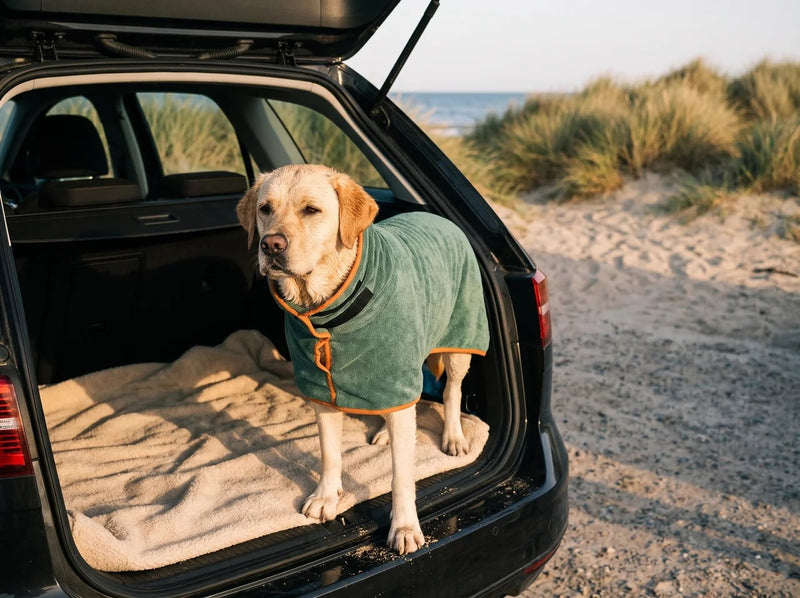 Labrador i grøn tørrekåbe i bagagerummet ved stranden