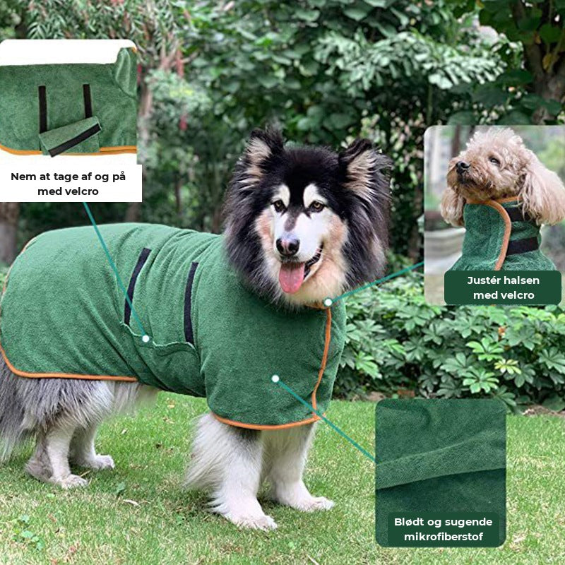 Hund i tørrekåbe med velcro om halsen og blødt, sugende stof